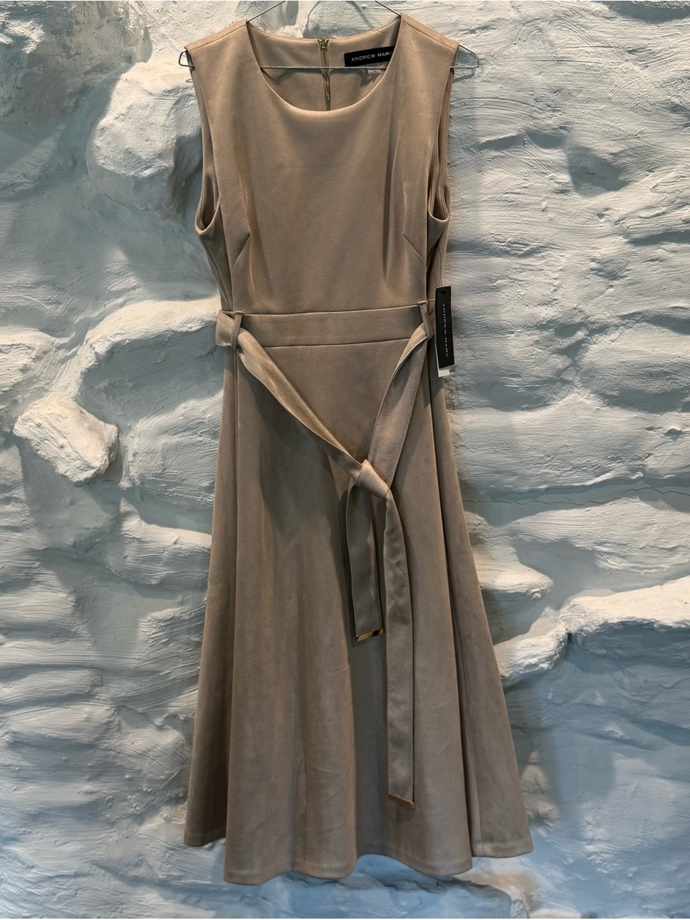 NWT Andrew Marc Taupe Belted Sleeveless Suede Inspired Midi Dress Size 14
